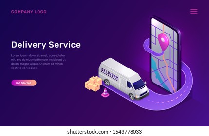 Mobile delivery service online app, vector isometric concept. Mobile phone screen with map and gps sign, road and minivan with parcels. Shipping tracking logistic ultraviolet web banner