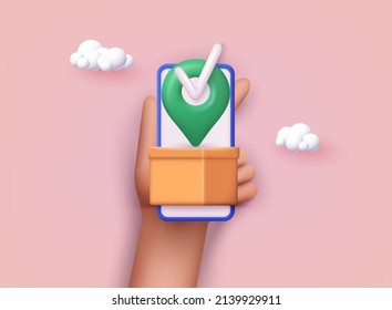 Mobile delivery service, package delivery is all over the place. Fast delivery concept. Online shopping. 3D Vector Illustrations.