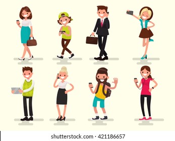 Mobile dependence. People with their gadgets. Vector illustration in a flat style