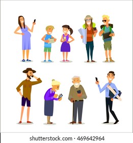 Mobile dependence. People with their gadgets. Vector illustration in a flat style