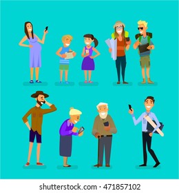 Mobile dependence. People with their gadgets. Vector illustration in a flat style