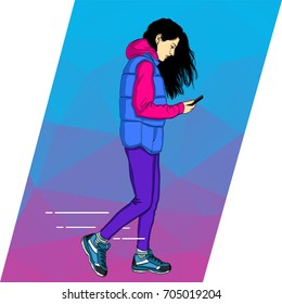 Mobile dependence. Woman with their gadgets. Vector illustration in a flat style with icons of app.  Woman walking and looking at phone