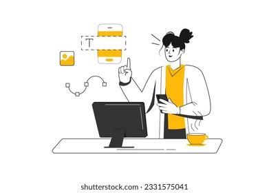 Mobile design concept with people scene in the flat cartoon style. A web designer makes a layout of a mobile application. Vector illustration.