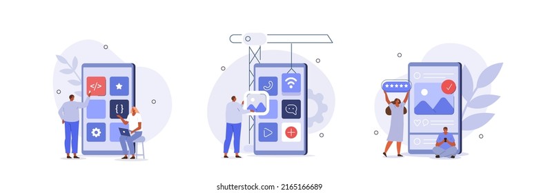 Mobile design and development illustration set. Developers prototyping, programming user interface and testing mobile app. UI design and user experience concept. Vector illustration.