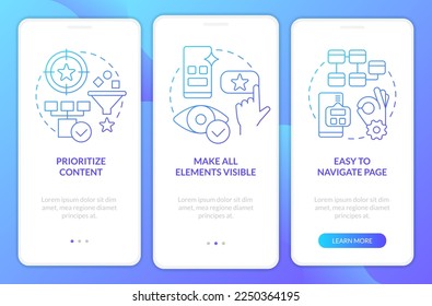 Mobile design recommendations blue gradient onboarding mobile app screen. Walkthrough 3 steps graphic instructions with linear concepts. UI, UX, GUI template. Myriad Pro-Bold, Regular fonts used