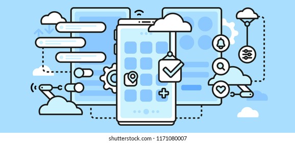 Mobile design, UX, UI and app development. Outline style concept, web banner.