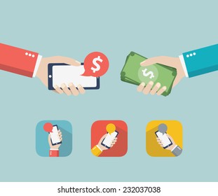 Mobile. design vector illustration. Human hand with mobile phone and interface icons 