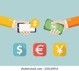 Mobile. design vector illustration. Human hand with mobile phone and interface money icons 