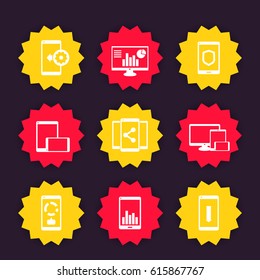 mobile, desktop apps icons set, badges with smartphone, tablets