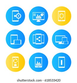 mobile, desktop apps icons set, pictograms with smartphones and tablets