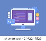 mobile developer software concept. illustration of a computer monitor displaying application creation or smartphone application developer software. technology and work. flat style design. graphic