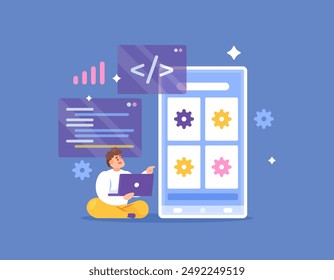 mobile developer software concept. illustration of a programmer creating an application or developing a smartphone application. technology and work. flat style design. graphic elements