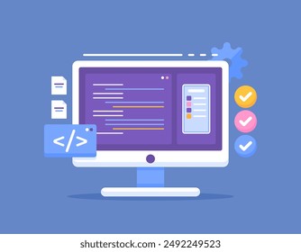mobile developer software concept. illustration of a computer monitor displaying application creation or smartphone application developer software. technology and work. flat style design. graphic