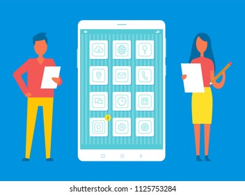 Mobile developers and big phone, people changing characteristics of smartphone making it better, improving functions isolated on vector illustration