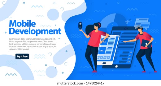 Mobile development apps websites and landing page template. Make mobile apps with more responsive and easier to access on all devices. Vector Illustration For Web, Landing Page, Banner, Mobile Apps