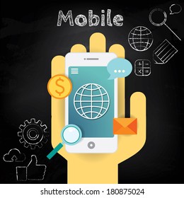 Mobile development and design illustration with icon set on stylish blackboard background. Chalk lettering. Vector modern illustration in flat style.