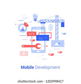 Mobile development, Doodle flat design icon vector illustration concept. 