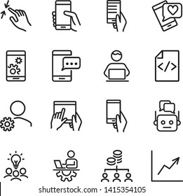 Mobile development line icon set. Mobile phone, using digital tablet, technician. Information technology concept. Can be used for topics like programming, coding, software