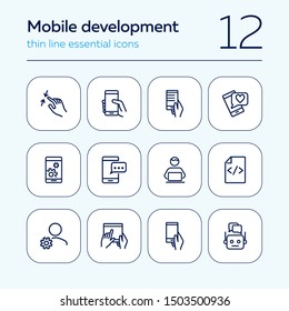 Mobile development line icon set. Phone, smartphone, gadget using. Business concept. Can be used for topics like information technology, software, app, coding