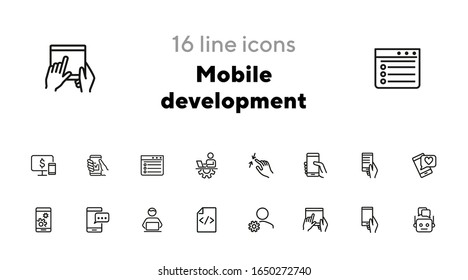 Mobile development line icon set. Phone, smartphone, gadget using. Business concept. Can be used for topics like information technology, software, app, coding