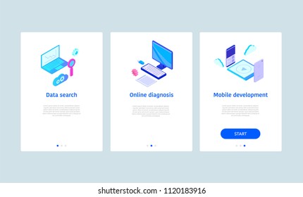 Mobile development onboarding app screens. Modern and simplified vector illustration walkthrough screens template for mobile apps.
