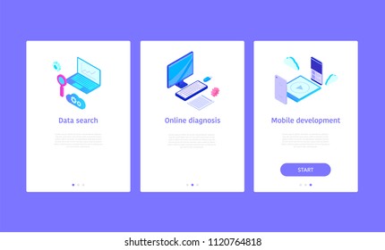 Mobile development onboarding app screens. Modern and simplified vector illustration walkthrough screens template for mobile apps.

