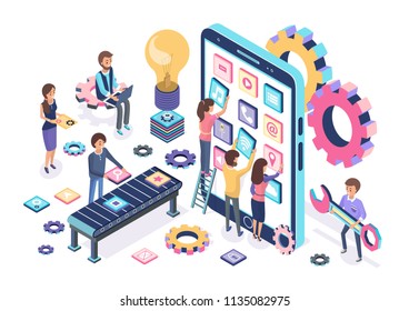 Mobile development process color banner, contemporary device with collection of applications, gears set, lamp idea symbol, people developers test games