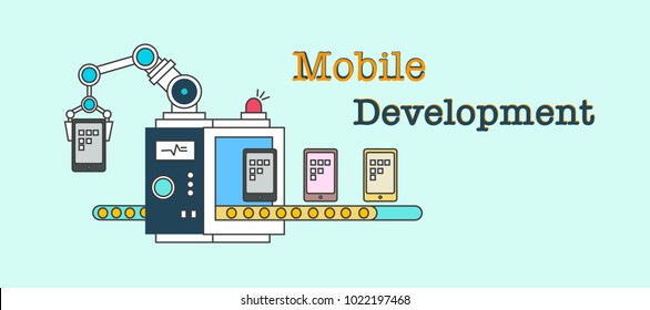 Mobile Development Software Service, Mechanism With Conveyor To Produce Many Module/Object. flat vector illustration