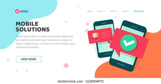 Mobile development or solution service agency website template design vector layout or mockup flat cartoon, smartphone or cellphone apps programming web site landing page layout or banner