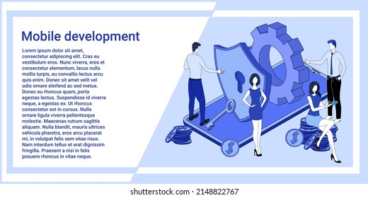 Mobile development.People are developing applications against the background of a large smartphone.Web development.An illustration in the style of the landing page is blue.