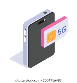 A mobile device with a 5G sim card, showing 5G connectivity Isometric icon
