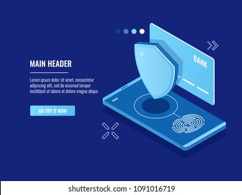 Mobile device access with fingerprint system, online payment with touch, shield credit card icon isometric vector