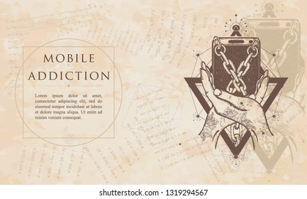 Abhängigkeit von mobilen Geräten. Smartphone mit Ketten verbunden. Renaissance-Hintergrund. mittelalterliches Manuskript, Gravitation