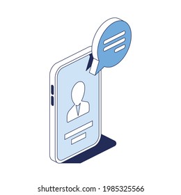 Mobile device, chat bubble, manager call operator. Vector 3d line isometric, color web icons, new flat style. Creative design idea for infographics.