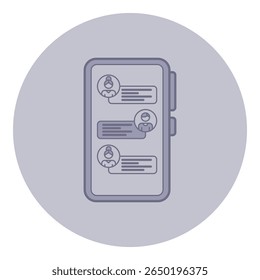 Mobile device with chat interface featuring multiple conversation threads over minimalistic background. Various user icons indicating active messaging