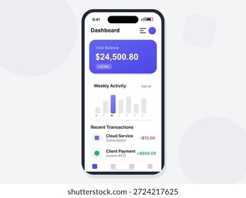 Un tablero de instrumentos para dispositivos móviles con un saldo total, un gráfico semanal de actividades y una sección de transacciones recientes, que ilustra la gestión de las finanzas personales.