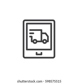 Mobile device and delivery truck line icon, outline vector sign, linear style pictogram isolated on white. Symbol, logo illustration. Pixel perfect
