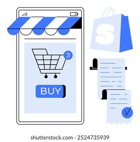 Mobile device display with shopping cart, buy button, and notification. Shopping bag and receipts nearby. Ideal for e-commerce, online shopping, digital payment, retail business, and mobile apps