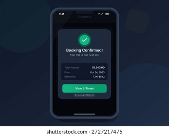 A mobile device displaying a booking confirmation for a trip to Bali. It includes total amount, date, and reference number.
