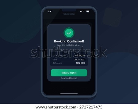 A mobile device displaying a booking confirmation for a trip to Bali. It includes total amount, date, and reference number.