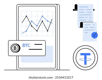 Dispositivo móvil que muestra el gráfico de criptomonedas con el símbolo de Bitcoin BTC y el símbolo de usd T. Comprobante con marca de verificación. Ideal para el comercio de criptomonedas Finanzas digitales App móviles Tecnología blockchain