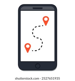 Mobile device displaying a map route with location markers, illustrating navigation features