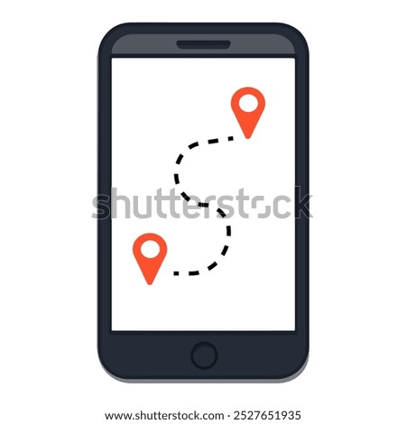 Mobile device displaying a map route with location markers, illustrating navigation features