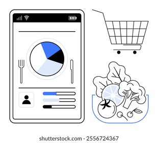 Mobile device displaying a nutrition tracking chart, shopping cart icon, and fresh vegetables. Ideal for healthy eating, diet planning, grocery shopping, health apps, and food tracking. Simple vector