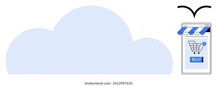 Mobile device displaying online store with a shopping cart icon and buy button. Large cloud shape and flying delivery element suggest e-commerce and cloud storage themes. Ideal for online shopping