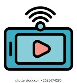 Dispositivo móvel exibindo um botão de reprodução, indicando streaming de vídeo através de uma rede WiFi