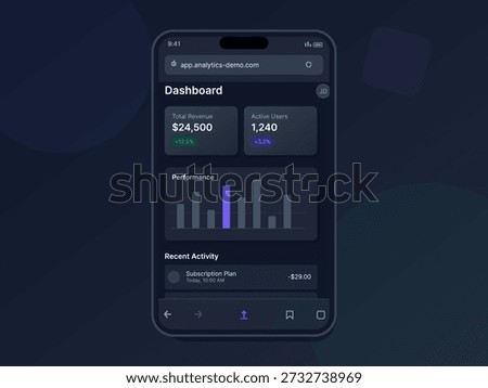 A mobile device displays a dashboard with data regarding total revenue and active users. The layout includes graphs and recent activity. The design is simple and dark.
