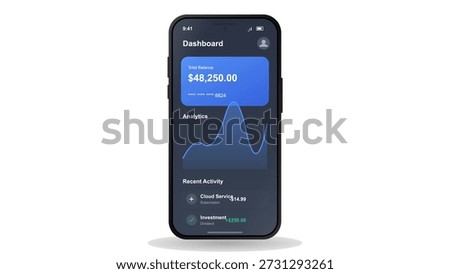 A mobile device displays a financial dashboard with total balance and recent activity details. The screen shows analytics and recent transactions related to expenses and investments.