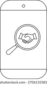 Mobile device displays a handshake icon under a magnifying glass