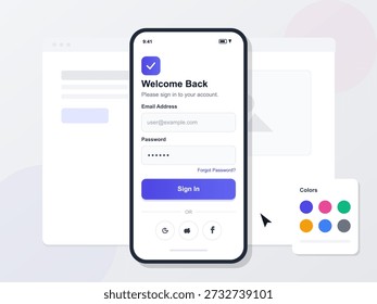A mobile device displays a login screen where users can enter their email and password. There are options for account recovery and colors for design.